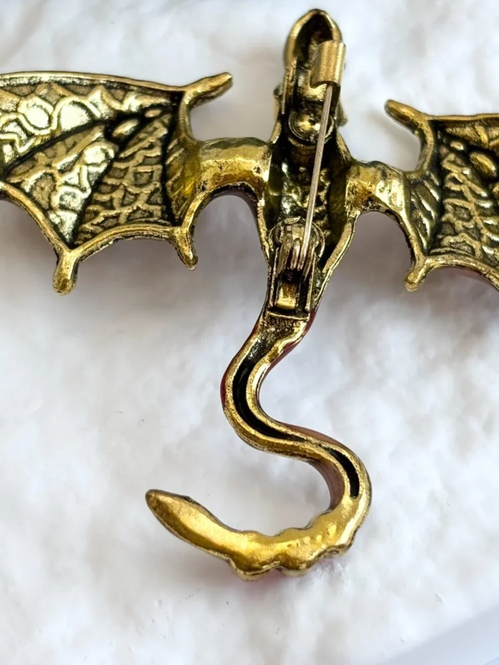 Flying Dragon Figural Red Winged Enameled Rhinestone Ornate Textured Brooch Pin